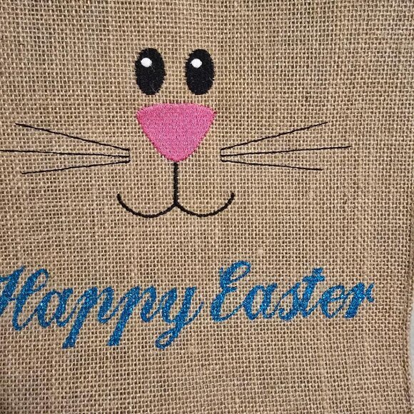 NWT Easter Bunny Embroidered Jute Burlap Sack wit Rabbit Ears Gift Bag 12" x 10" - Picture 3 of 6